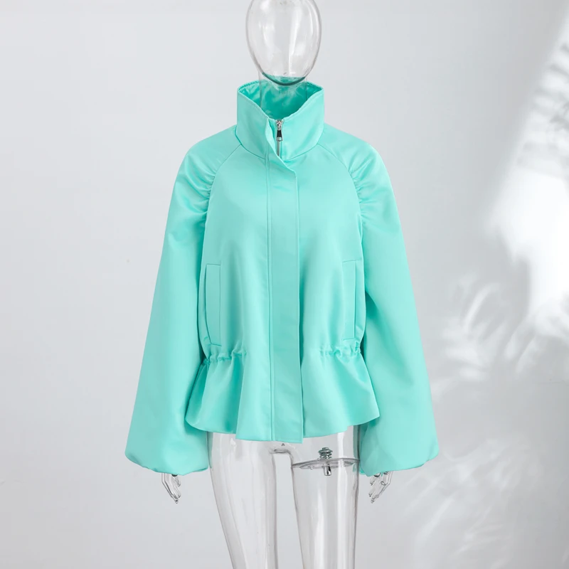 Fashion Shiny Fabric Jacket High Stand Collar Oversized Puff Sleeve Drawstring Cropped Hem 2026 Autumn Daily Lady Sweet Jackets