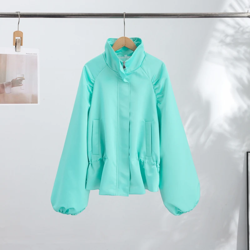Fashion Shiny Fabric Jacket High Stand Collar Oversized Puff Sleeve Drawstring Cropped Hem 2026 Autumn Daily Lady Sweet Jackets