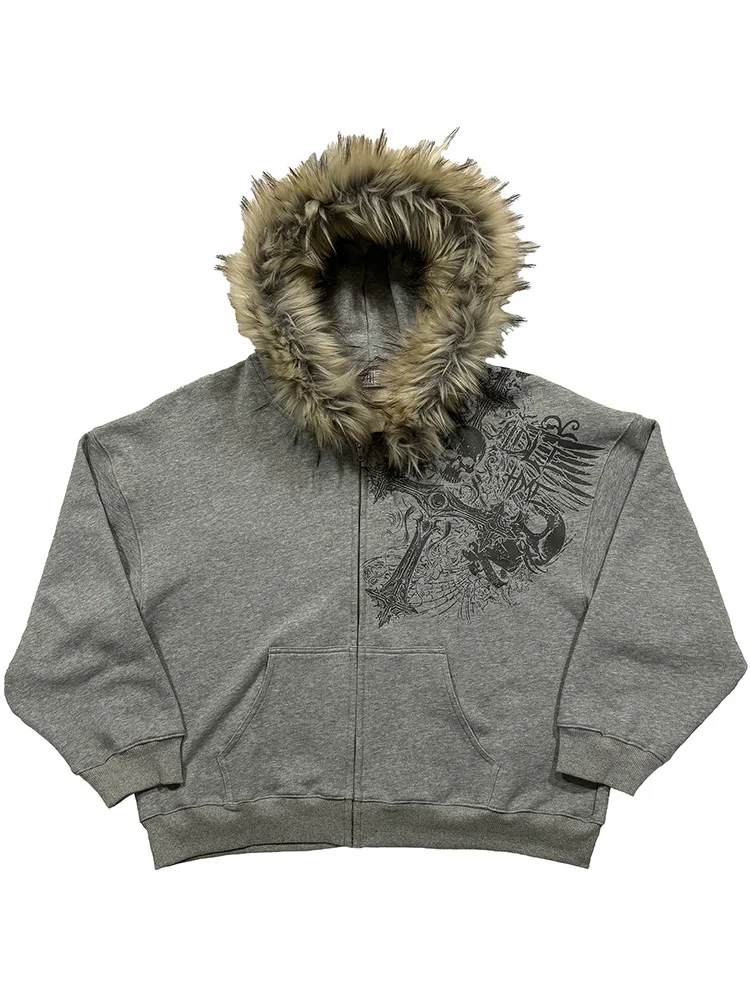 Autumn Winter Y2k Women Aesthetic Harajuku Faux Fur Collar Hoodies Clothes Graphic Hip Hop Punk Gothic Zip Up Hoodies 2026 New