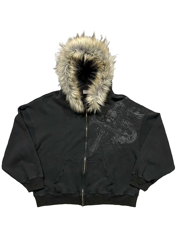 Autumn Winter Y2k Women Aesthetic Harajuku Faux Fur Collar Hoodies Clothes Graphic Hip Hop Punk Gothic Zip Up Hoodies 2026 New