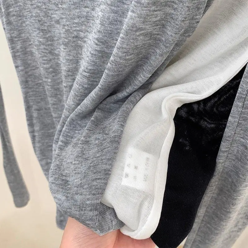Summer Women's T-Shirt Deep U-Neck Basic High Elasticity See-through Slim Long Sleeve T-Shirts Breathable Streetwear Female Top