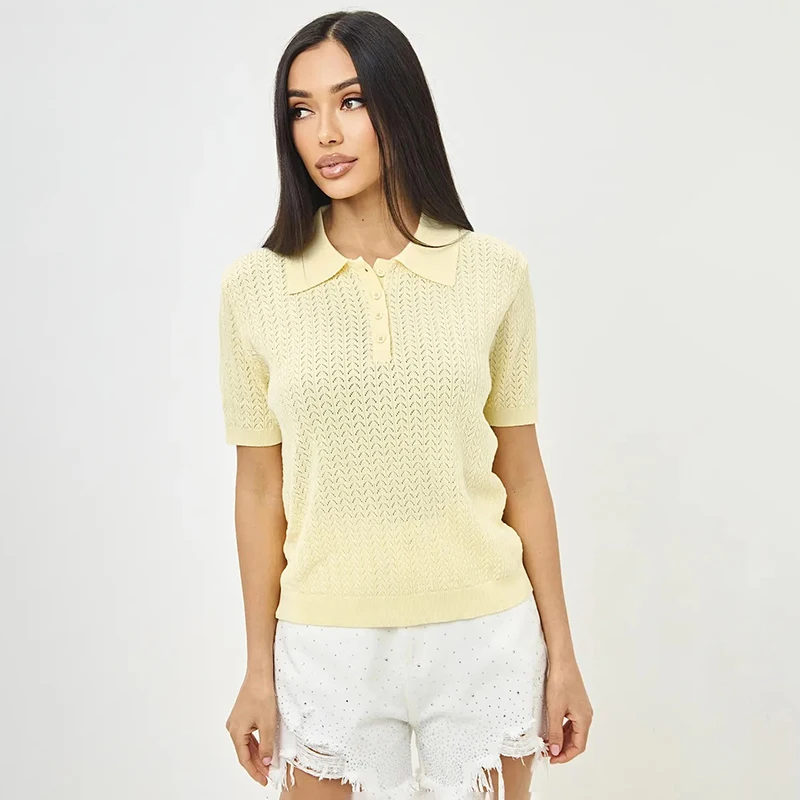 Tornova Short Sleeve Knitted T shirt Woman Summer Casual Loose Lapel Solid Ins Hot Tops Pullover Female Sweater T shirt Outwear