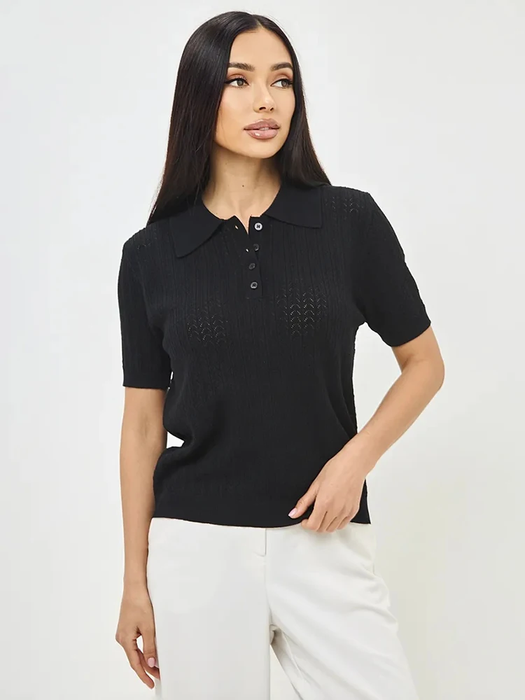 Tornova Short Sleeve Knitted T shirt Woman Summer Casual Loose Lapel Solid Ins Hot Tops Pullover Female Sweater T shirt Outwear