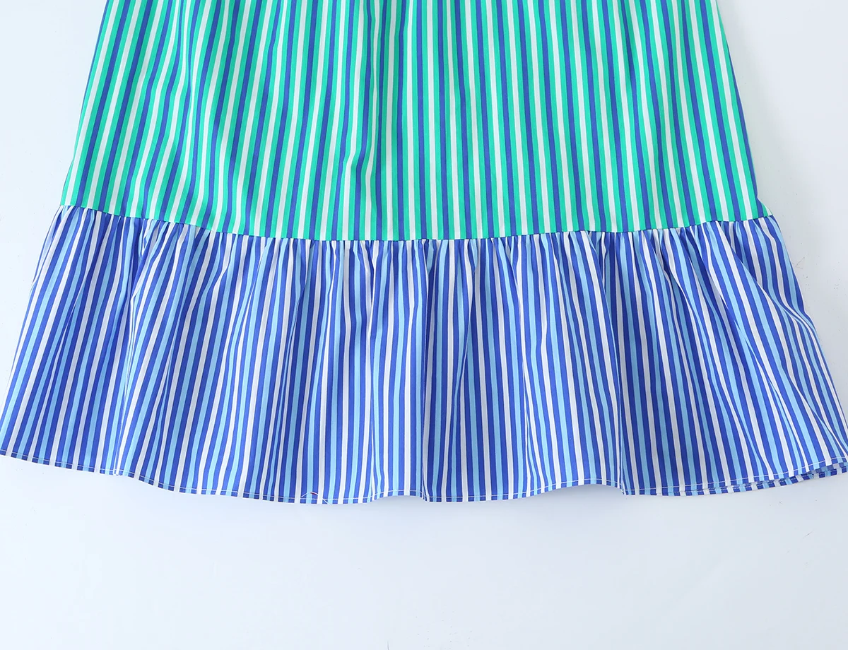 BSAY 2026 New Holiday Fresh Women Striped Tie Shoulder Midi Dress Elastic Shirred Top Contrast Ruffle Hem Flowy Summer Dress