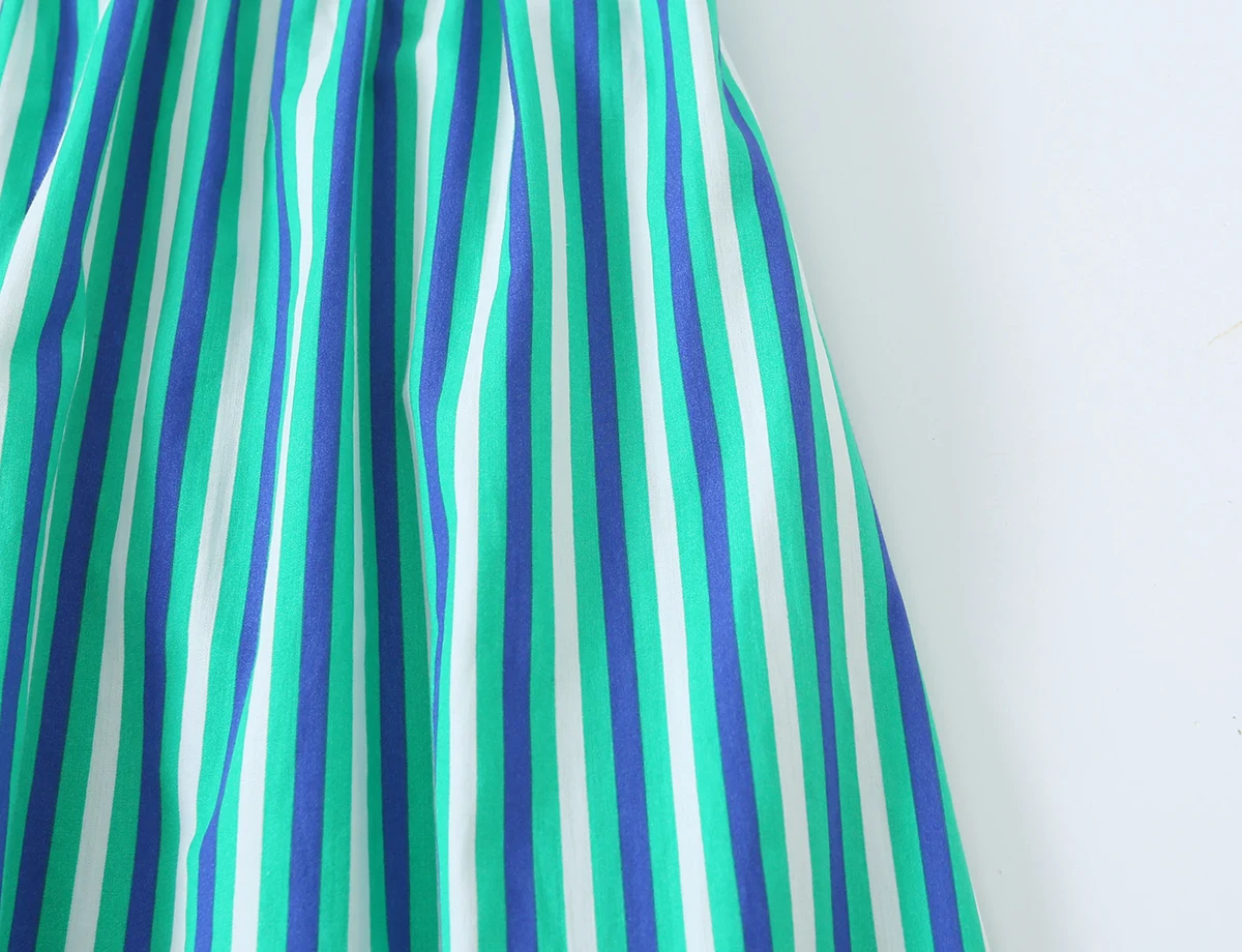 BSAY 2026 New Holiday Fresh Women Striped Tie Shoulder Midi Dress Elastic Shirred Top Contrast Ruffle Hem Flowy Summer Dress