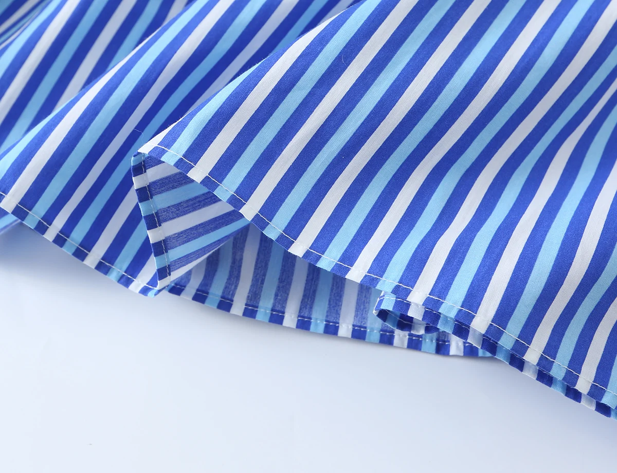 BSAY 2026 New Holiday Fresh Women Striped Tie Shoulder Midi Dress Elastic Shirred Top Contrast Ruffle Hem Flowy Summer Dress
