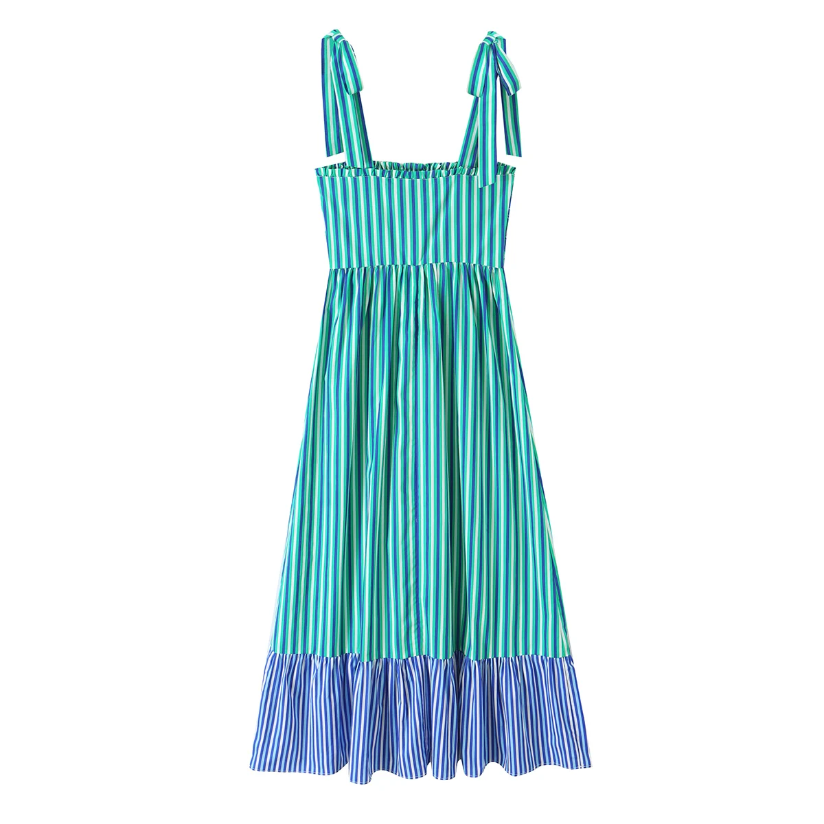 BSAY 2026 New Holiday Fresh Women Striped Tie Shoulder Midi Dress Elastic Shirred Top Contrast Ruffle Hem Flowy Summer Dress