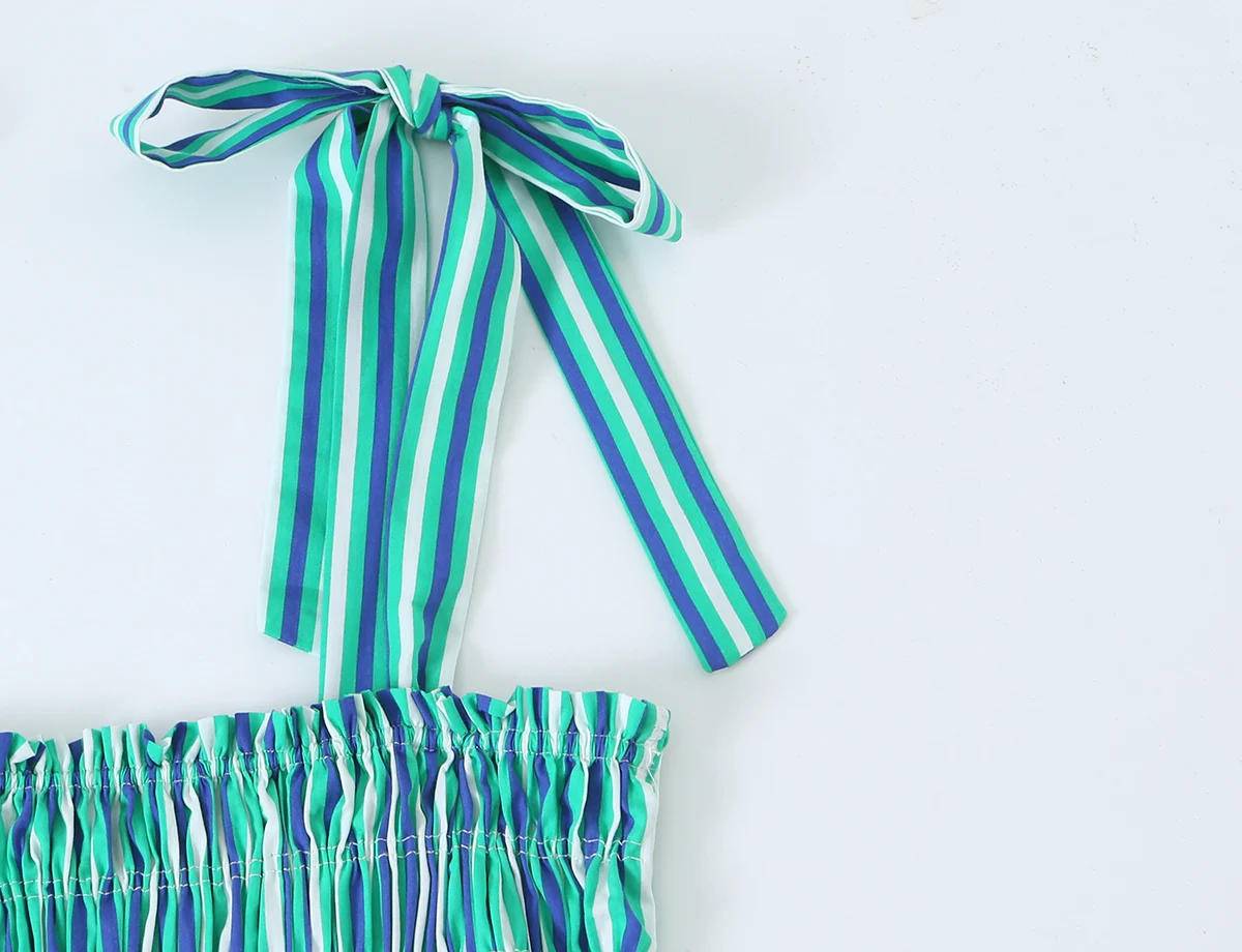 BSAY 2026 New Holiday Fresh Women Striped Tie Shoulder Midi Dress Elastic Shirred Top Contrast Ruffle Hem Flowy Summer Dress