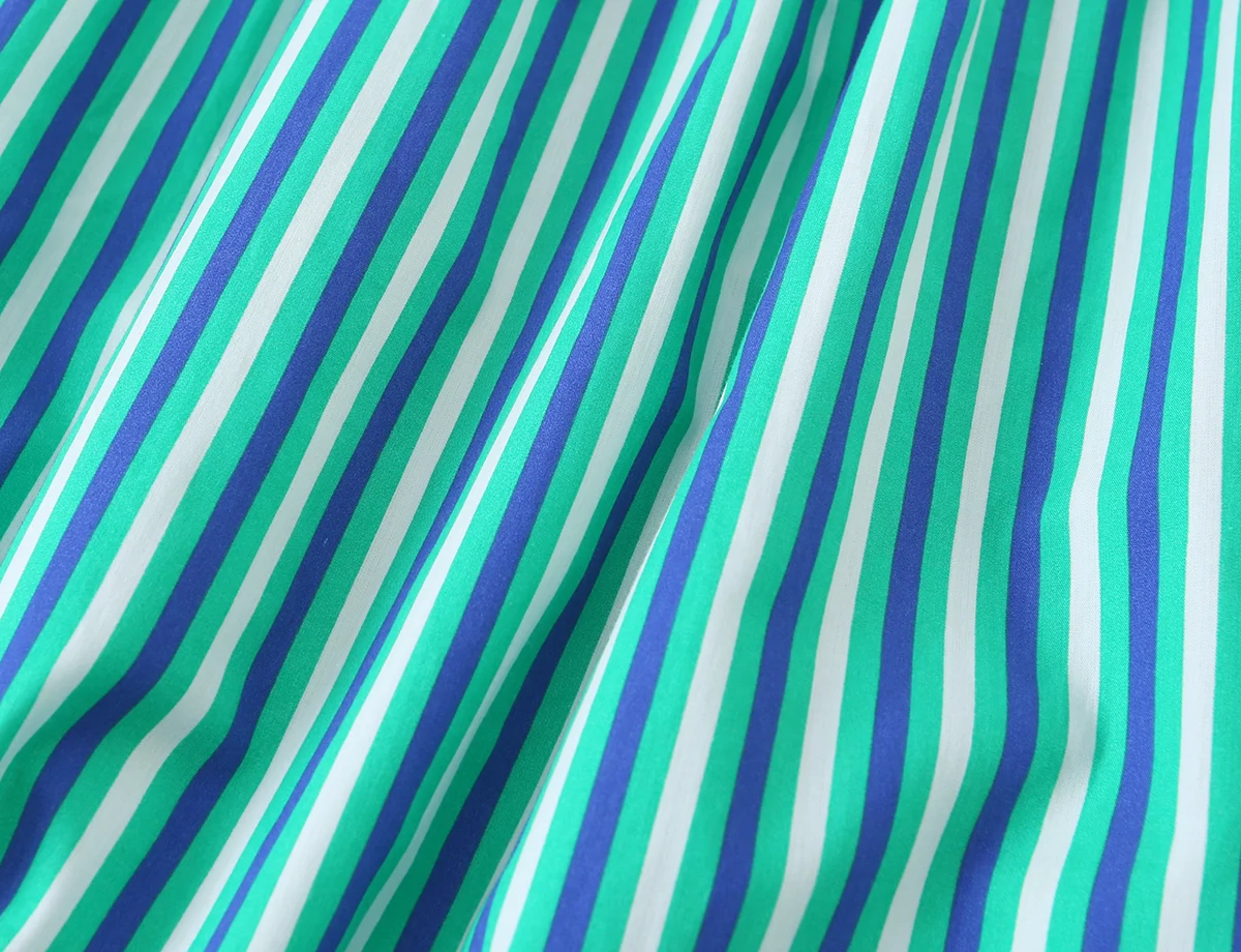 BSAY 2026 New Holiday Fresh Women Striped Tie Shoulder Midi Dress Elastic Shirred Top Contrast Ruffle Hem Flowy Summer Dress
