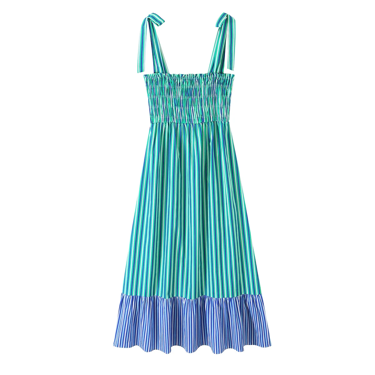 BSAY 2026 New Holiday Fresh Women Striped Tie Shoulder Midi Dress Elastic Shirred Top Contrast Ruffle Hem Flowy Summer Dress