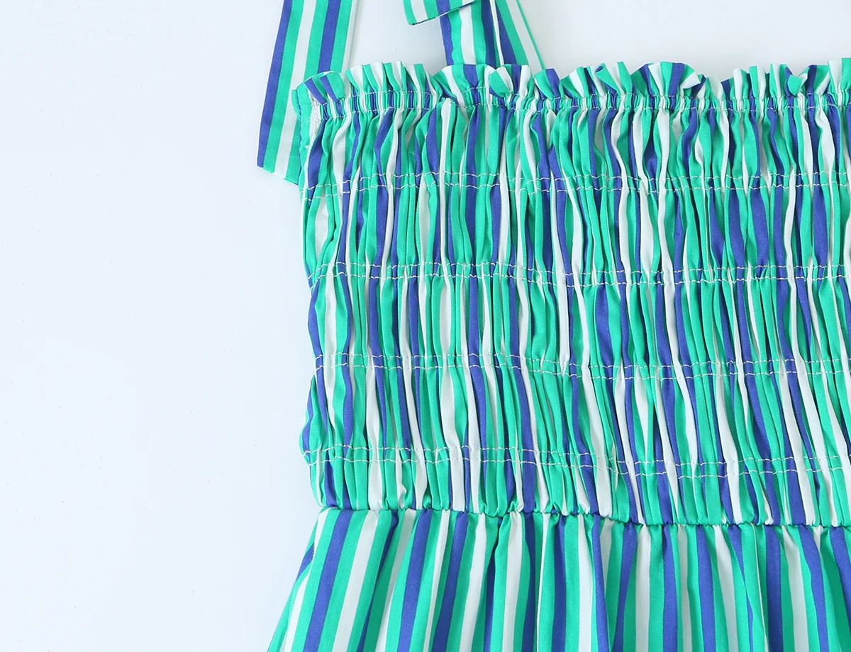 BSAY 2026 New Holiday Fresh Women Striped Tie Shoulder Midi Dress Elastic Shirred Top Contrast Ruffle Hem Flowy Summer Dress