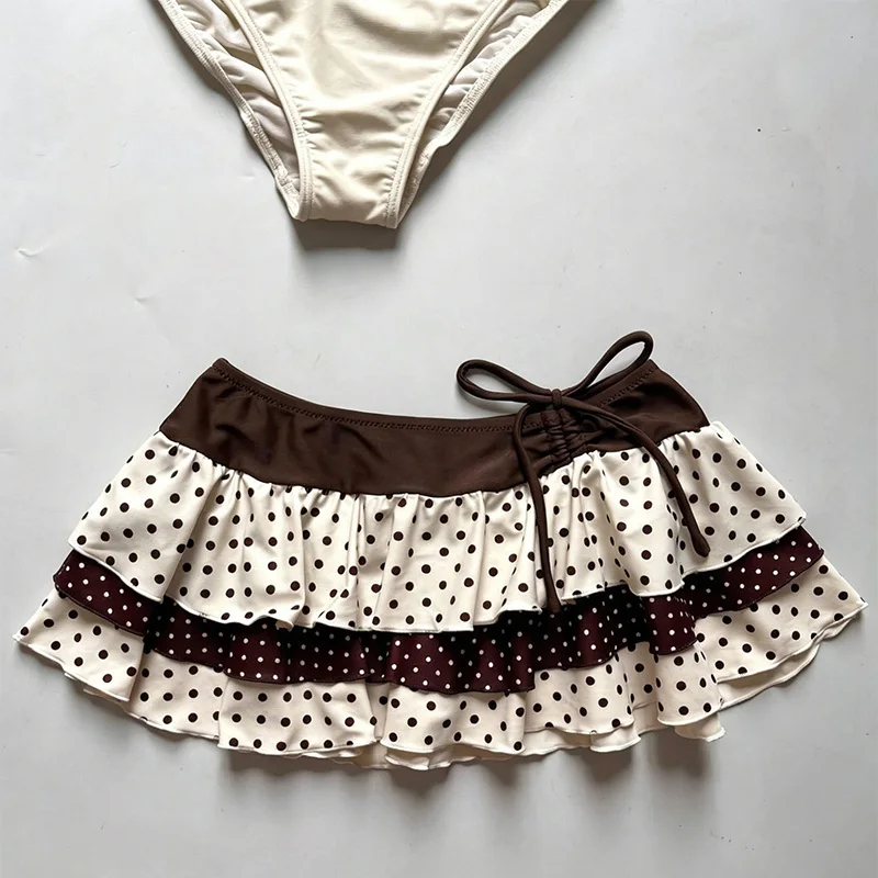 Summer Women Y2K Retro Beach Vacation Polka Dot Print Contrast Tiered Ruffle Ruched Drawstring Mid Waist Halter Neck 3 Piece Bik