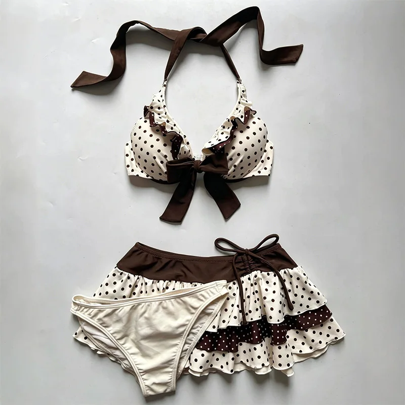 Summer Women Y2K Retro Beach Vacation Polka Dot Print Contrast Tiered Ruffle Ruched Drawstring Mid Waist Halter Neck 3 Piece Bik