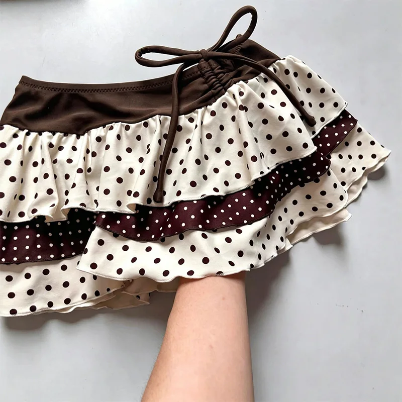 Summer Women Y2K Retro Beach Vacation Polka Dot Print Contrast Tiered Ruffle Ruched Drawstring Mid Waist Halter Neck 3 Piece Bik