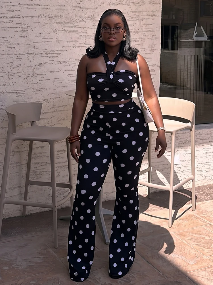 Nibber 2 Piece Set Woman Polka Dot Print Halter Off Shoulder Backless Tank Tops+Skinny Peach Hip Long Pants Sexy Fashion Suits