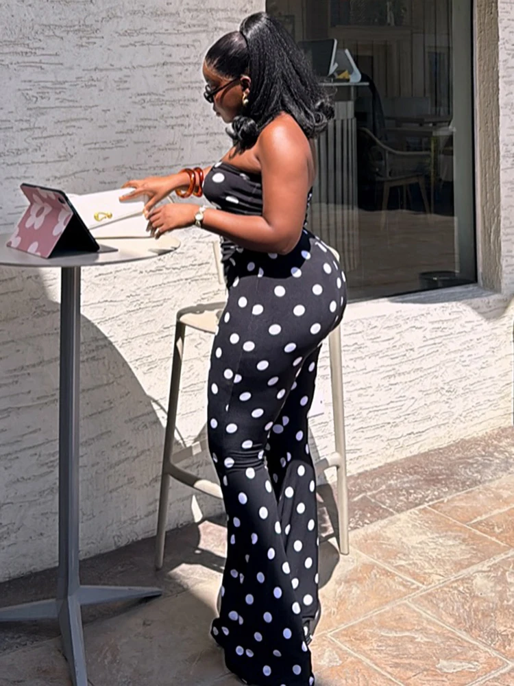 Nibber 2 Piece Set Woman Polka Dot Print Halter Off Shoulder Backless Tank Tops+Skinny Peach Hip Long Pants Sexy Fashion Suits