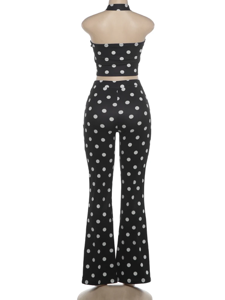 Nibber 2 Piece Set Woman Polka Dot Print Halter Off Shoulder Backless Tank Tops+Skinny Peach Hip Long Pants Sexy Fashion Suits