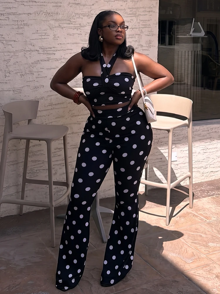 Nibber 2 Piece Set Woman Polka Dot Print Halter Off Shoulder Backless Tank Tops+Skinny Peach Hip Long Pants Sexy Fashion Suits
