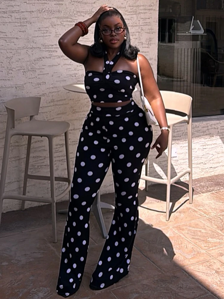 Nibber 2 Piece Set Woman Polka Dot Print Halter Off Shoulder Backless Tank Tops+Skinny Peach Hip Long Pants Sexy Fashion Suits