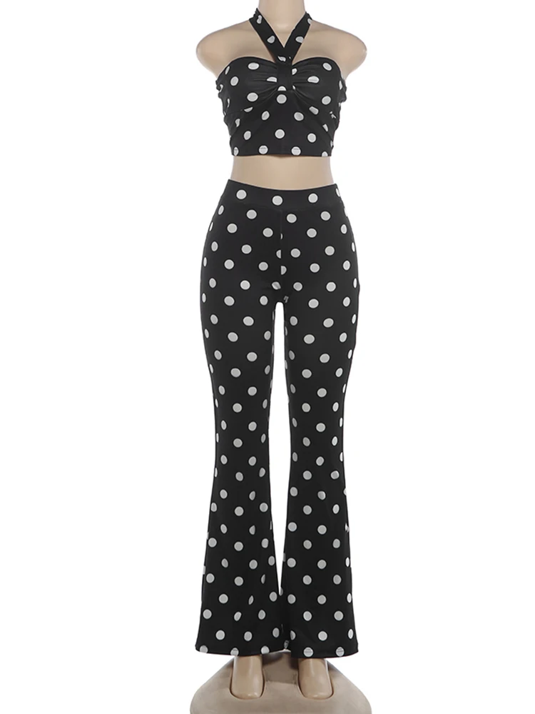 Nibber 2 Piece Set Woman Polka Dot Print Halter Off Shoulder Backless Tank Tops+Skinny Peach Hip Long Pants Sexy Fashion Suits
