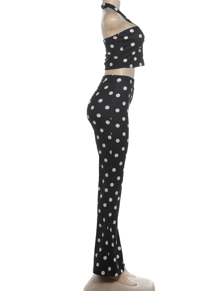 Nibber 2 Piece Set Woman Polka Dot Print Halter Off Shoulder Backless Tank Tops+Skinny Peach Hip Long Pants Sexy Fashion Suits