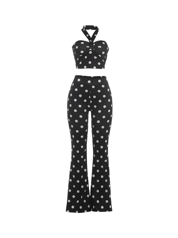 Nibber 2 Piece Set Woman Polka Dot Print Halter Off Shoulder Backless Tank Tops+Skinny Peach Hip Long Pants Sexy Fashion Suits