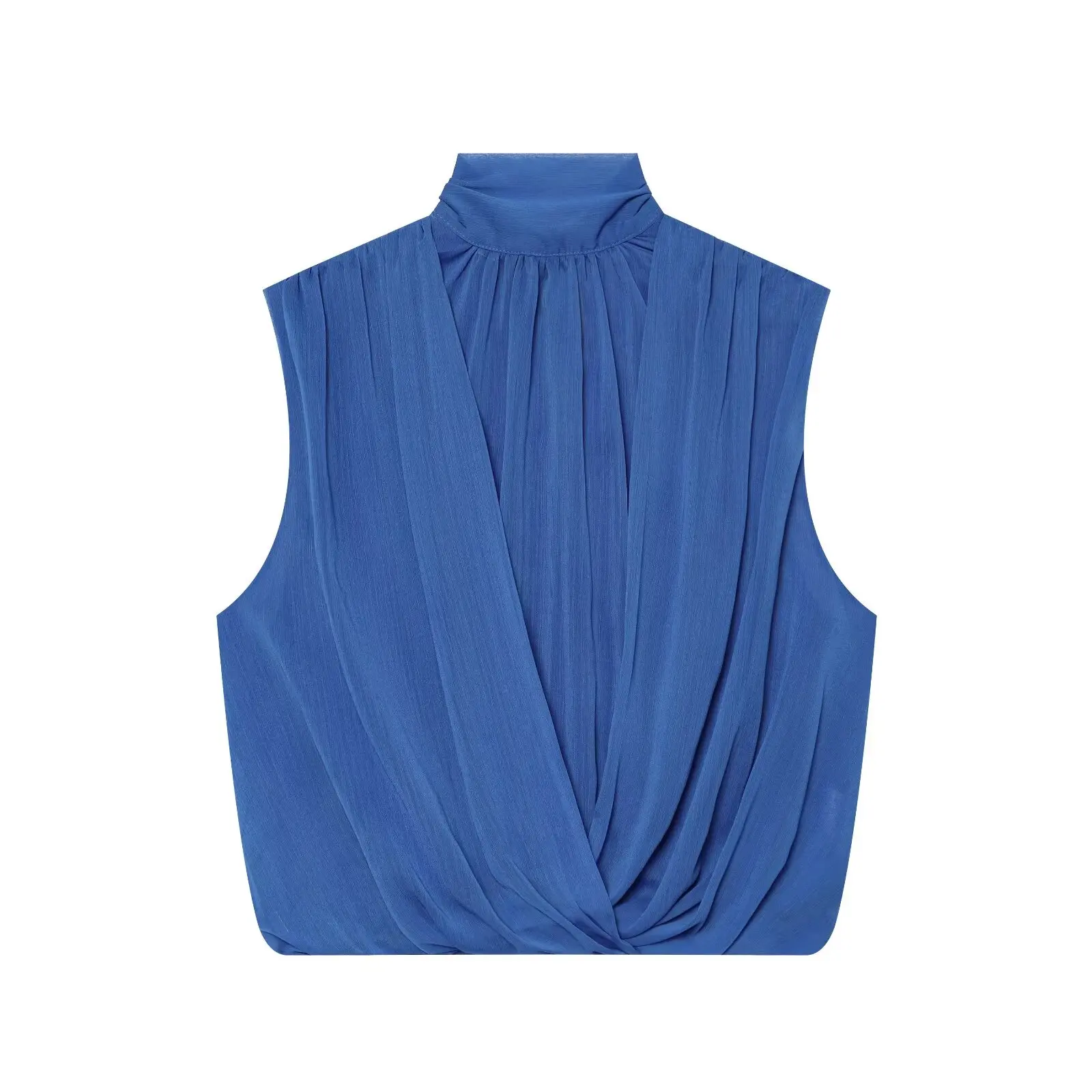 BSAY 2026 New Women Fashion Mock Neck Sleeveless Blouse Front Twist Wrap V Neck Tank Top Back Pleated Elegant Summer Casual Tops