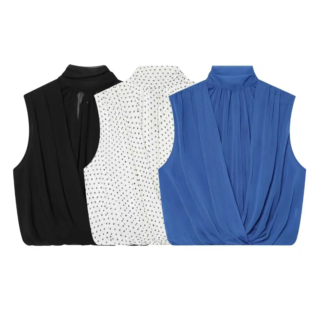 BSAY 2026 New Women Fashion Mock Neck Sleeveless Blouse Front Twist Wrap V Neck Tank Top Back Pleated Elegant Summer Casual Tops