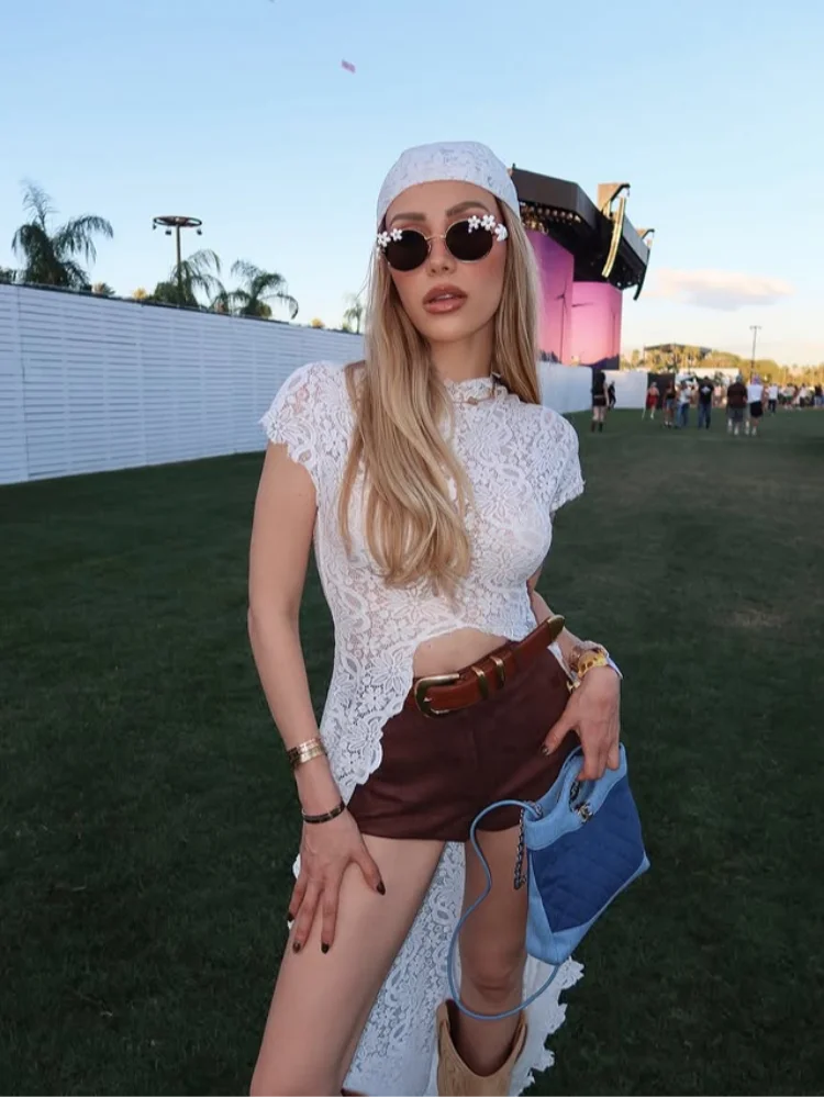 Trendy Y2k Lace Cutout Two-piece Outfit Chic High Neck Short Sleeve Crop Top Cozy Wide Leg Pants 2026 New Casual Women's Clothes
