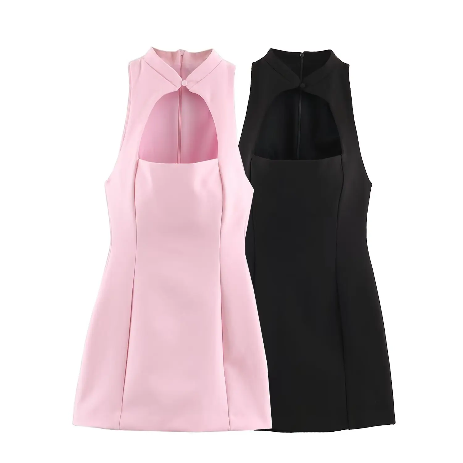 BSAY Fashion Summer Halter Short Dress Women Stand Collar Hollow Front Sleeveless Bodycon Mini Dress Chic Evening Party Dress