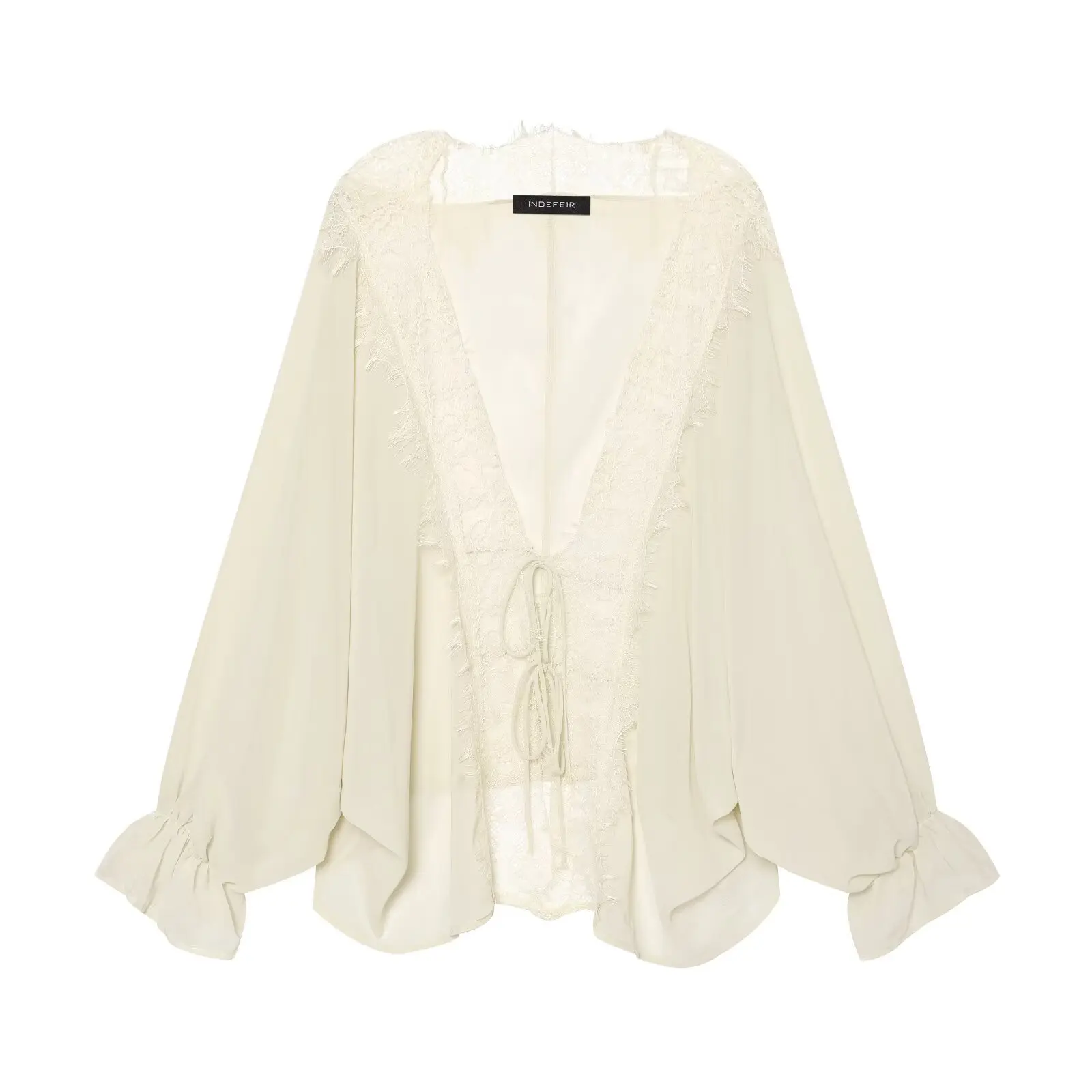 BSAY 2026 Vintage Women Fashion Sheer Blouse Lace Trim V Neck Front Drawstring Flare Sleeve Casual Beach Sunscreen Cover Up Top