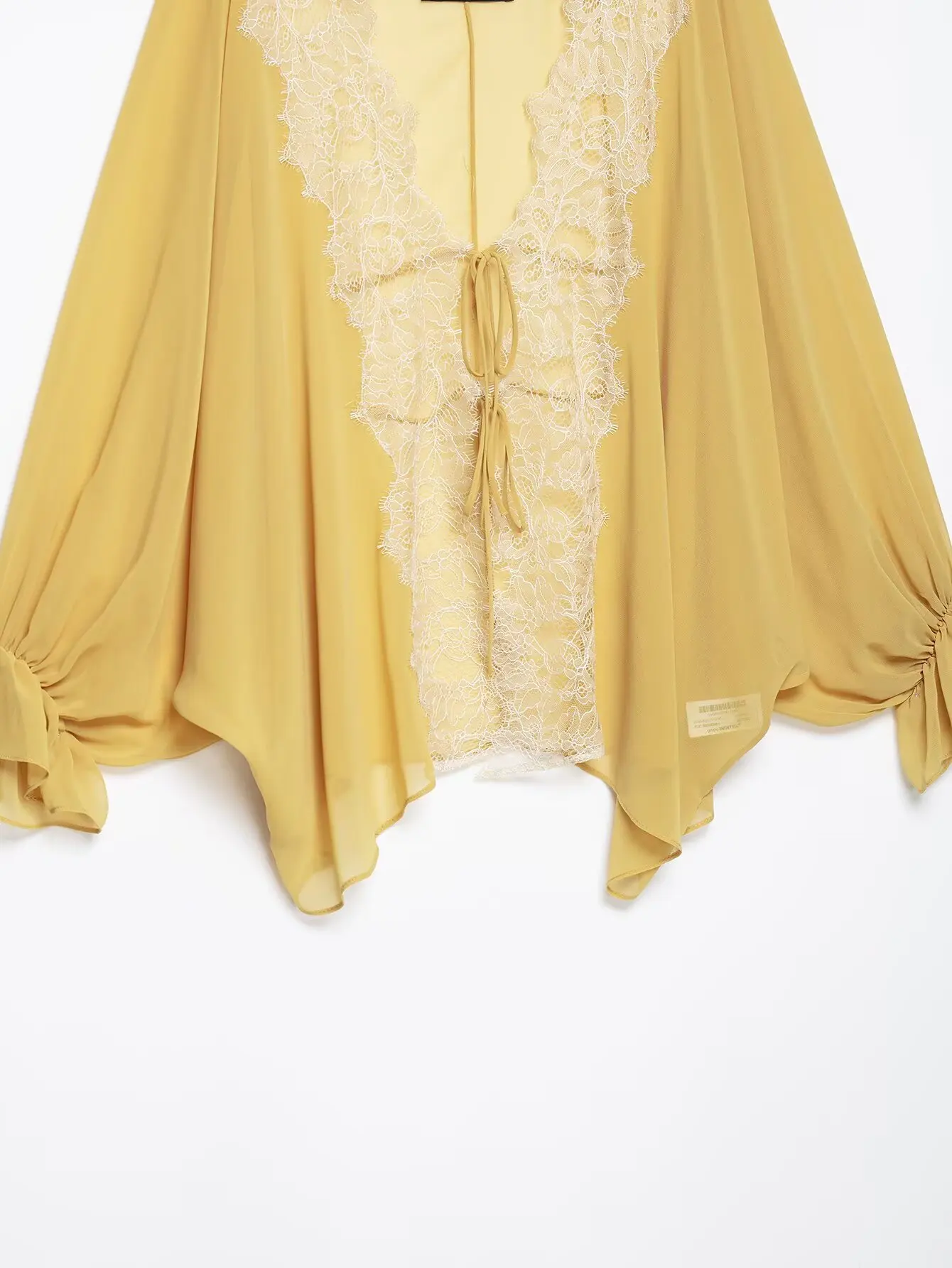 BSAY 2026 Vintage Women Fashion Sheer Blouse Lace Trim V Neck Front Drawstring Flare Sleeve Casual Beach Sunscreen Cover Up Top