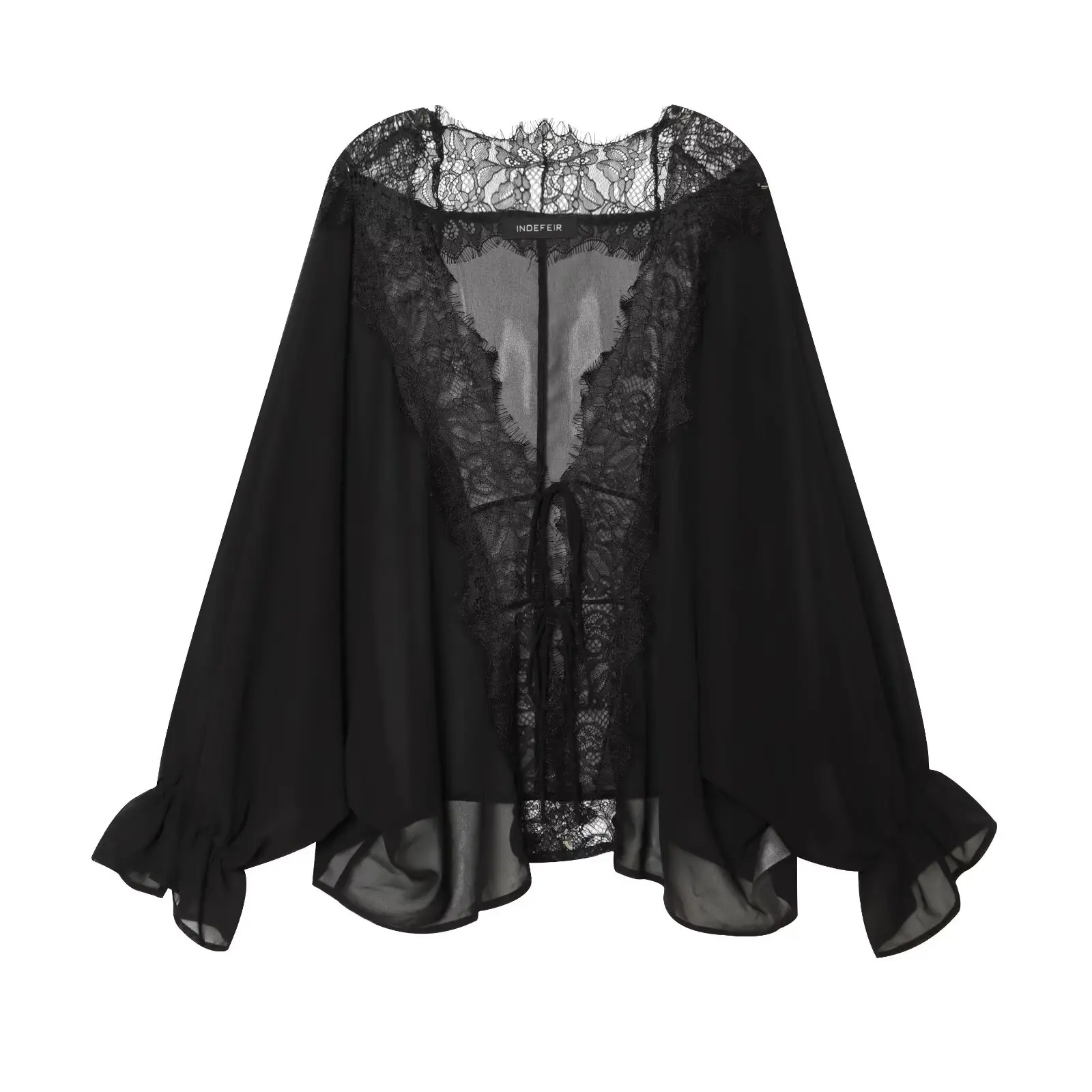 BSAY 2026 Vintage Women Fashion Sheer Blouse Lace Trim V Neck Front Drawstring Flare Sleeve Casual Beach Sunscreen Cover Up Top