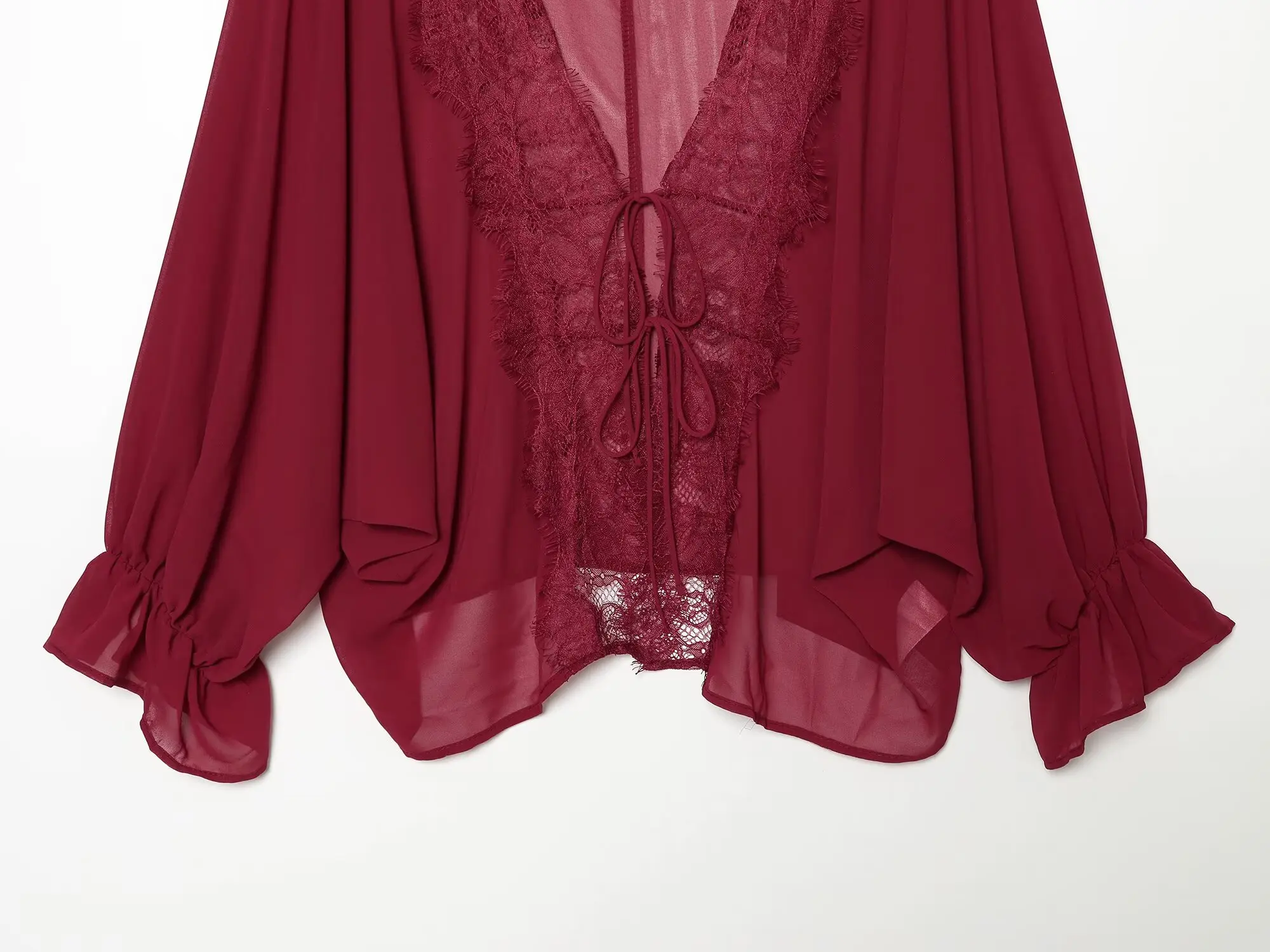 BSAY 2026 Vintage Women Fashion Sheer Blouse Lace Trim V Neck Front Drawstring Flare Sleeve Casual Beach Sunscreen Cover Up Top