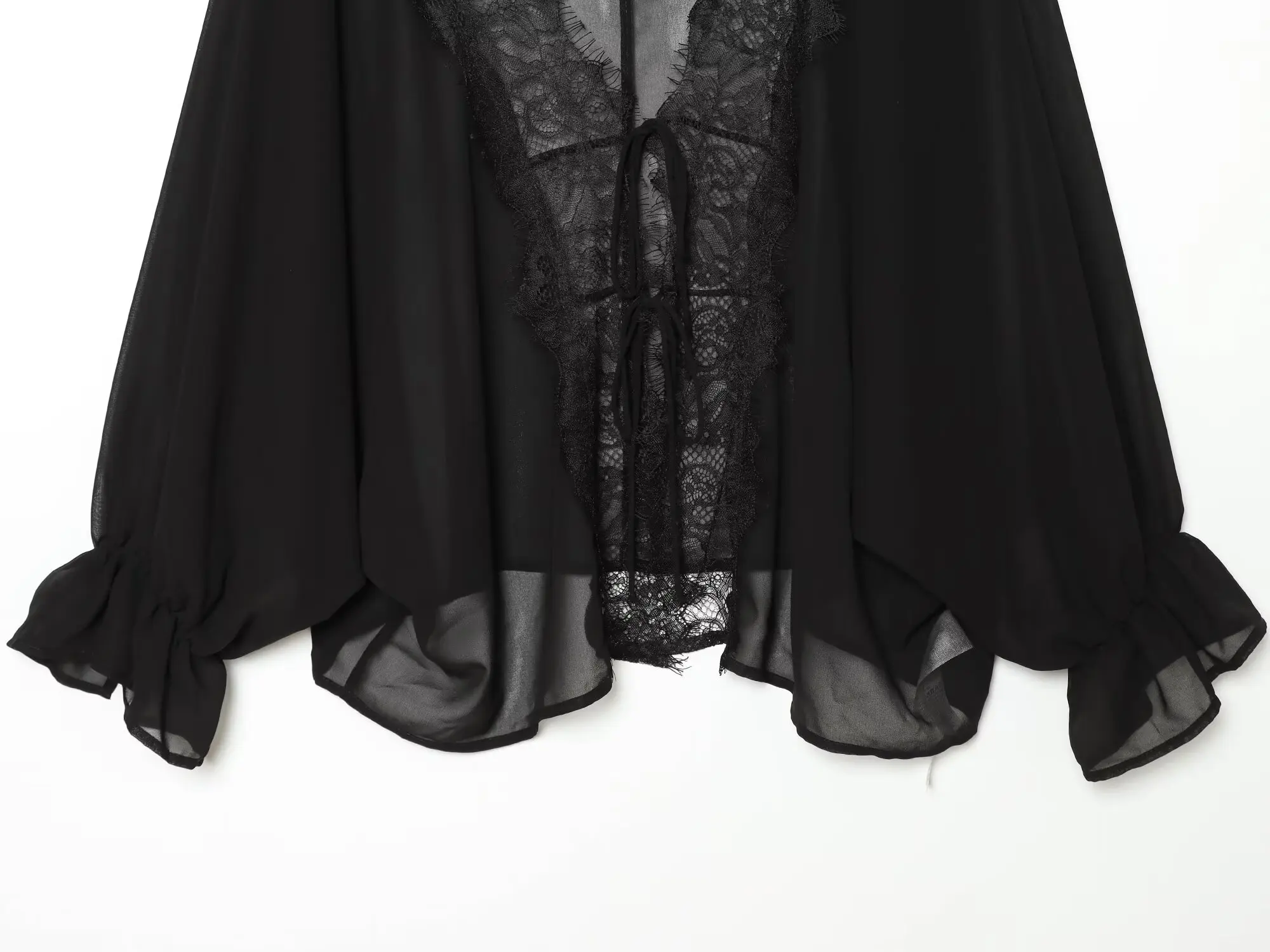 BSAY 2026 Vintage Women Fashion Sheer Blouse Lace Trim V Neck Front Drawstring Flare Sleeve Casual Beach Sunscreen Cover Up Top