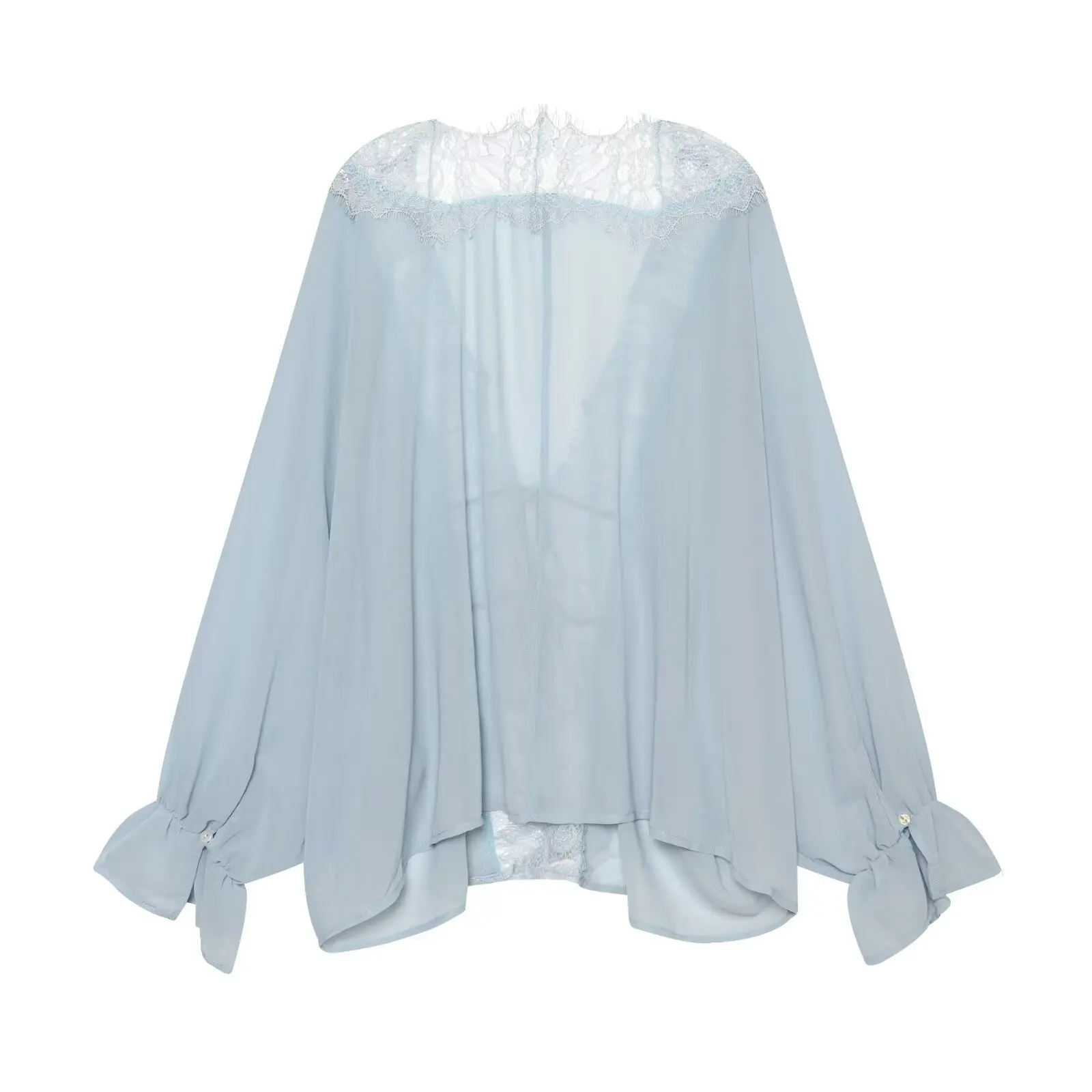 BSAY 2026 Vintage Women Fashion Sheer Blouse Lace Trim V Neck Front Drawstring Flare Sleeve Casual Beach Sunscreen Cover Up Top