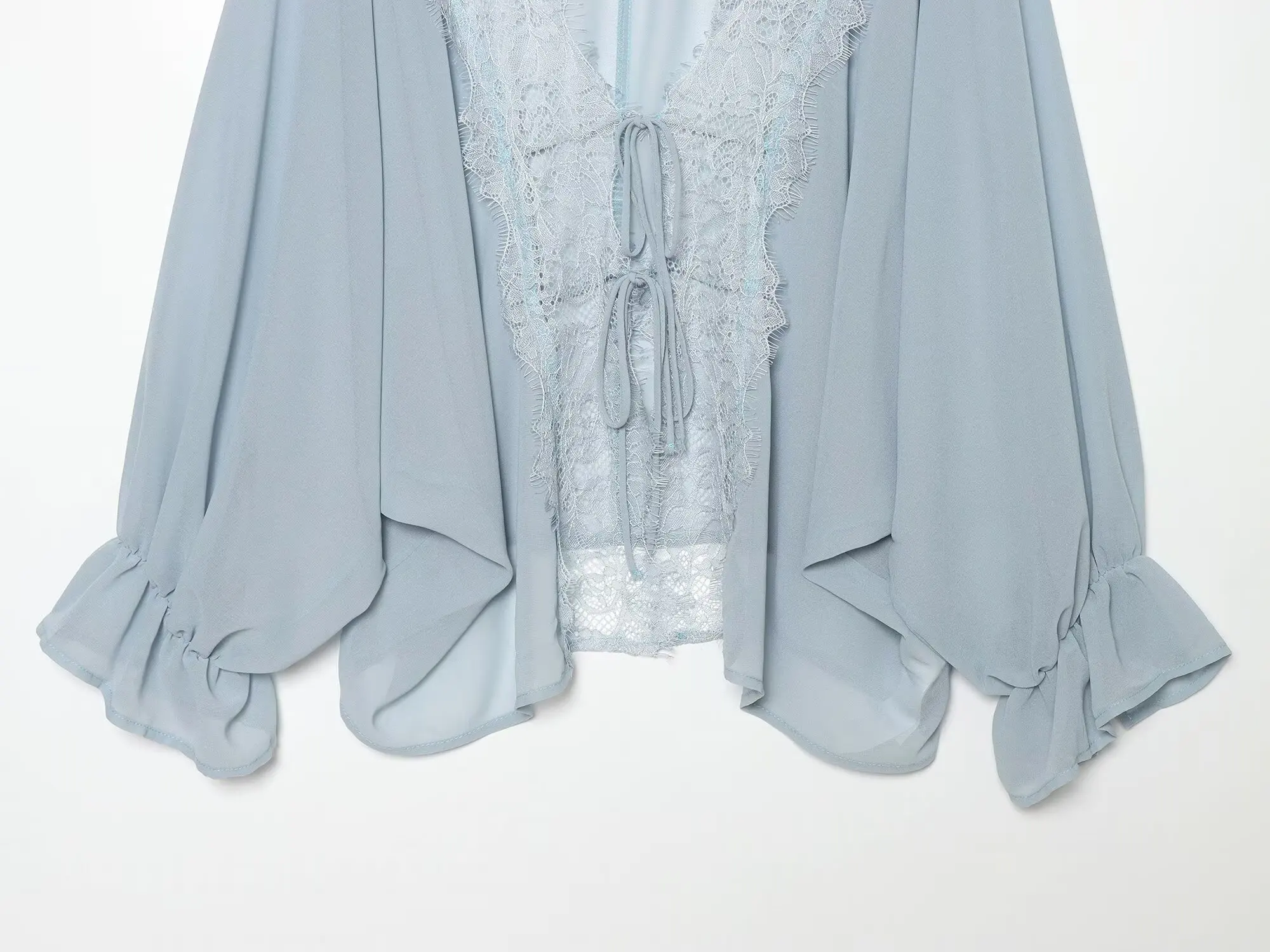BSAY 2026 Vintage Women Fashion Sheer Blouse Lace Trim V Neck Front Drawstring Flare Sleeve Casual Beach Sunscreen Cover Up Top
