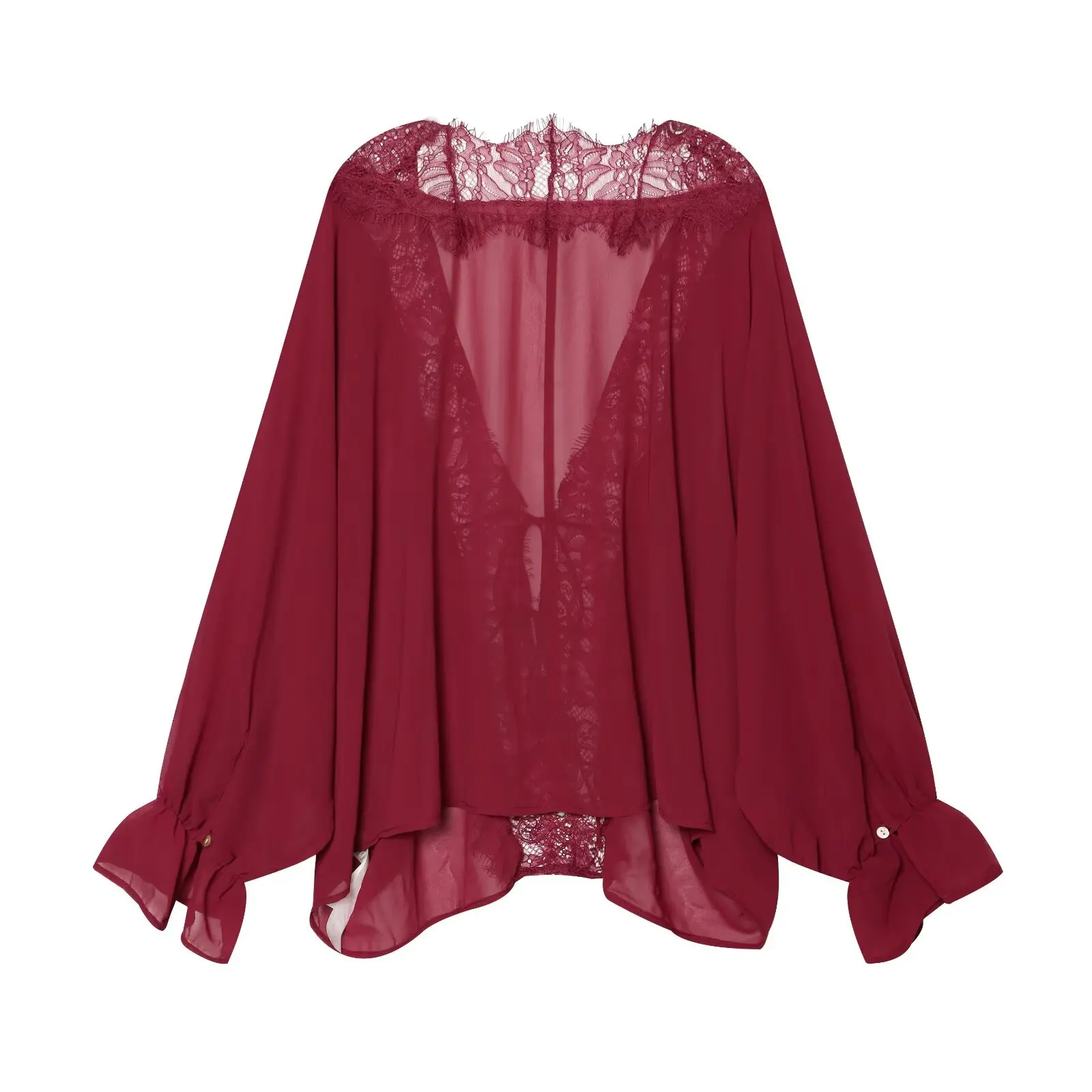 BSAY 2026 Vintage Women Fashion Sheer Blouse Lace Trim V Neck Front Drawstring Flare Sleeve Casual Beach Sunscreen Cover Up Top