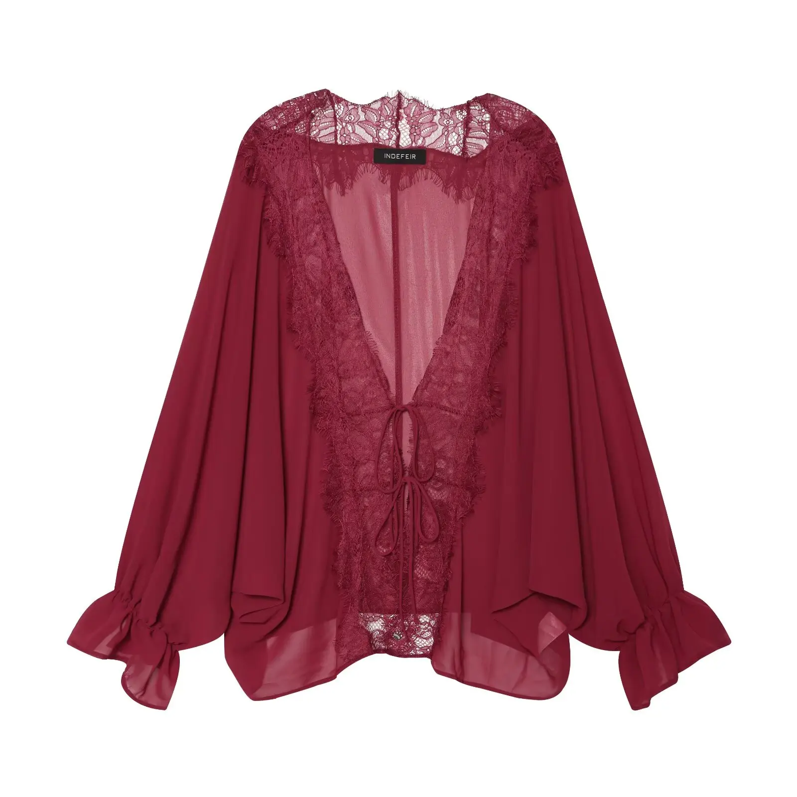 BSAY 2026 Vintage Women Fashion Sheer Blouse Lace Trim V Neck Front Drawstring Flare Sleeve Casual Beach Sunscreen Cover Up Top