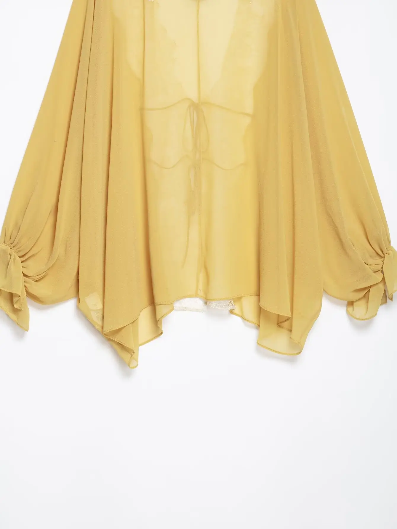 BSAY 2026 Vintage Women Fashion Sheer Blouse Lace Trim V Neck Front Drawstring Flare Sleeve Casual Beach Sunscreen Cover Up Top