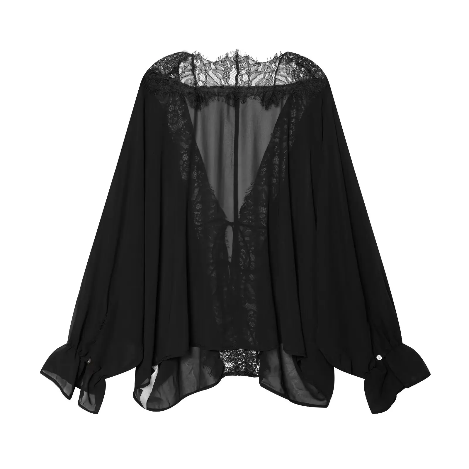 BSAY 2026 Vintage Women Fashion Sheer Blouse Lace Trim V Neck Front Drawstring Flare Sleeve Casual Beach Sunscreen Cover Up Top