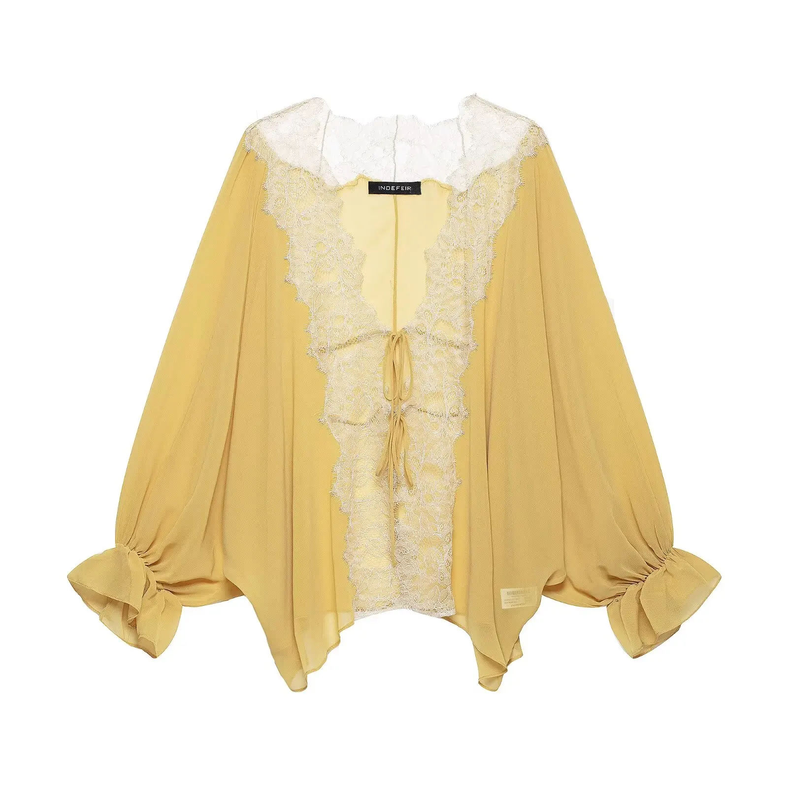BSAY 2026 Vintage Women Fashion Sheer Blouse Lace Trim V Neck Front Drawstring Flare Sleeve Casual Beach Sunscreen Cover Up Top