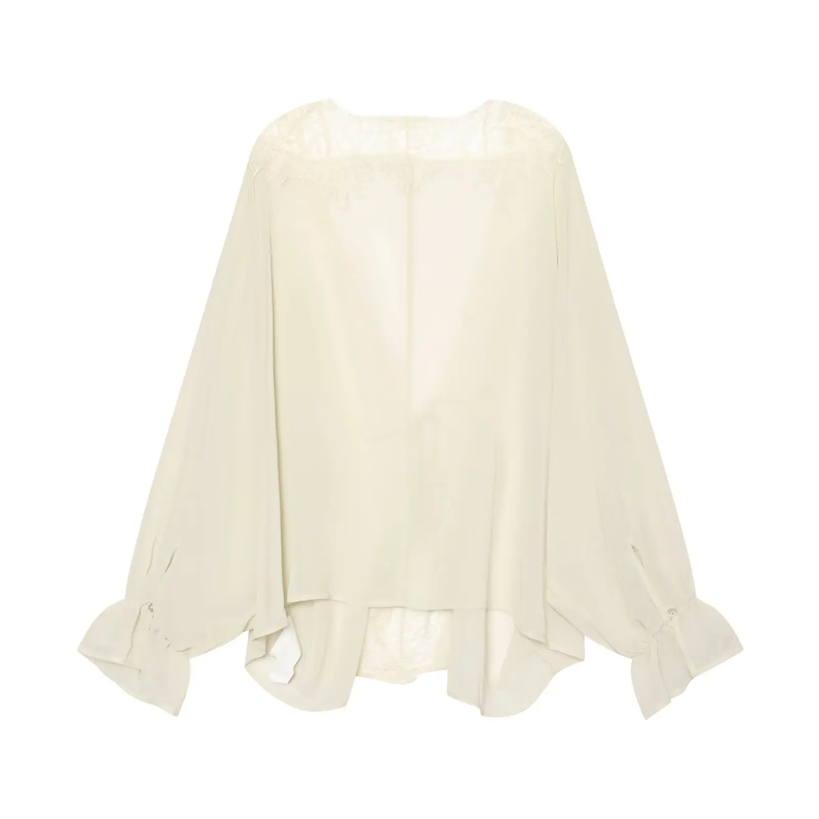 BSAY 2026 Vintage Women Fashion Sheer Blouse Lace Trim V Neck Front Drawstring Flare Sleeve Casual Beach Sunscreen Cover Up Top