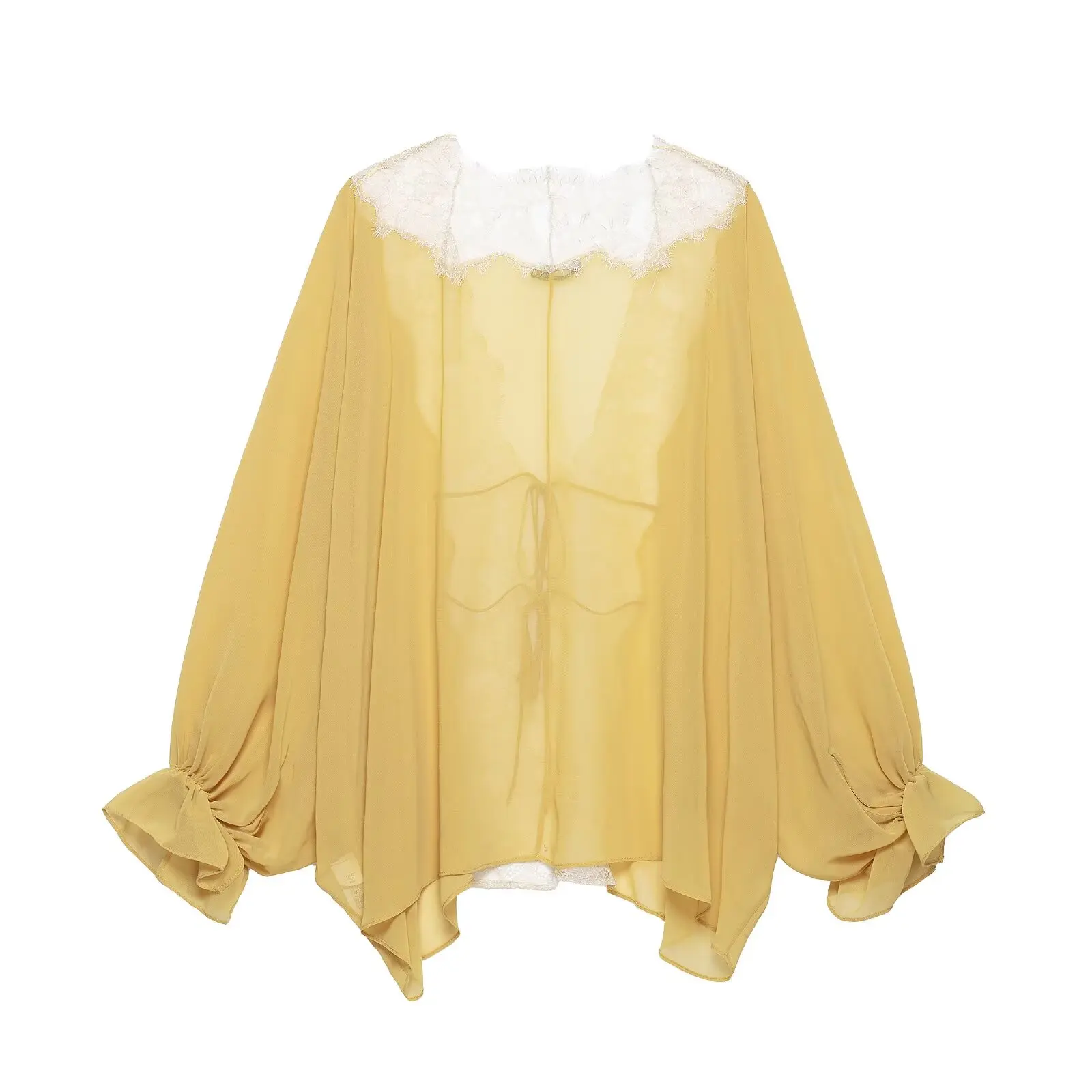 BSAY 2026 Vintage Women Fashion Sheer Blouse Lace Trim V Neck Front Drawstring Flare Sleeve Casual Beach Sunscreen Cover Up Top