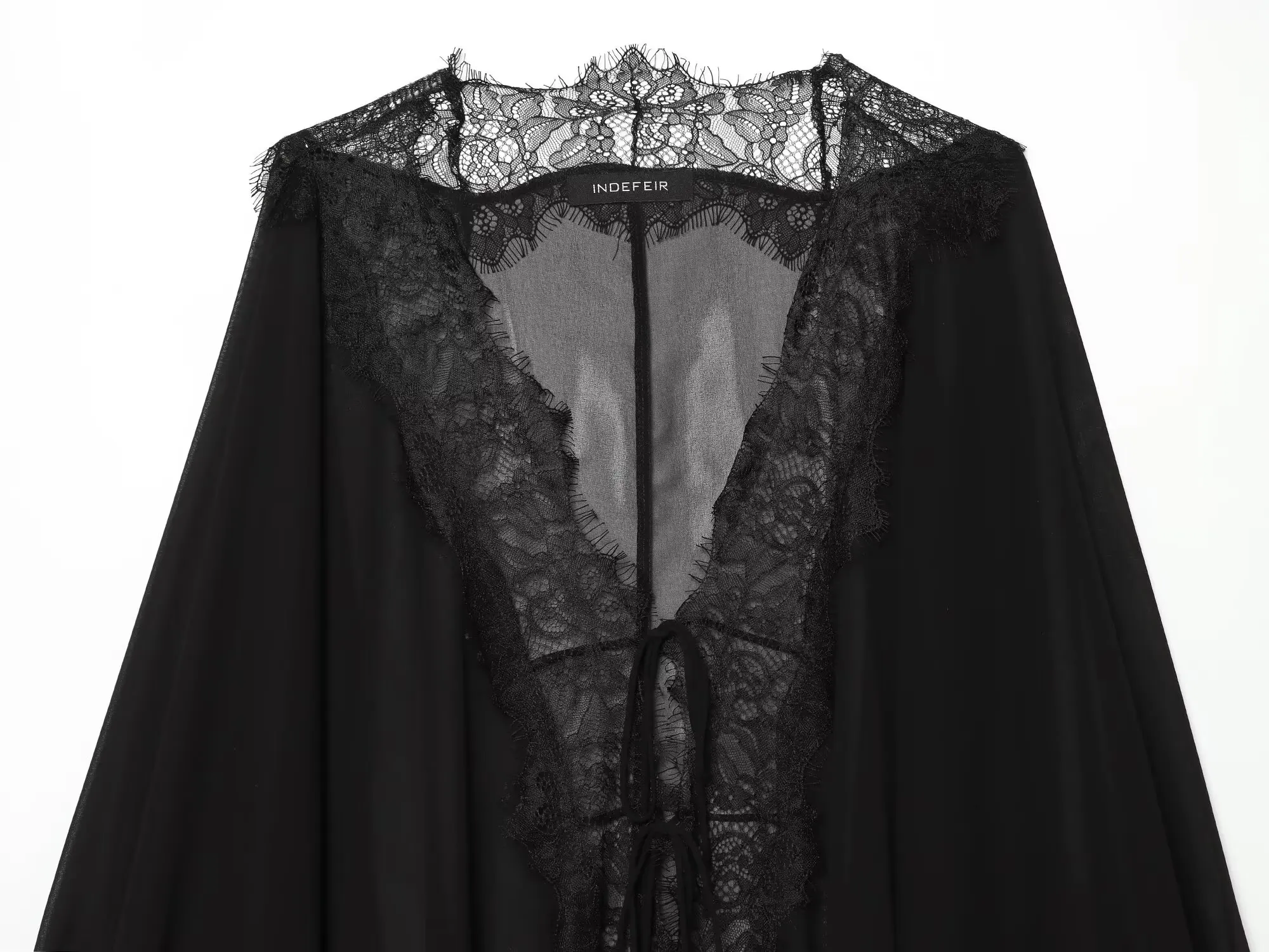 BSAY 2026 Vintage Women Fashion Sheer Blouse Lace Trim V Neck Front Drawstring Flare Sleeve Casual Beach Sunscreen Cover Up Top