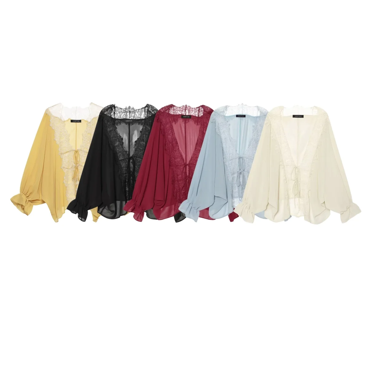 BSAY 2026 Vintage Women Fashion Sheer Blouse Lace Trim V Neck Front Drawstring Flare Sleeve Casual Beach Sunscreen Cover Up Top