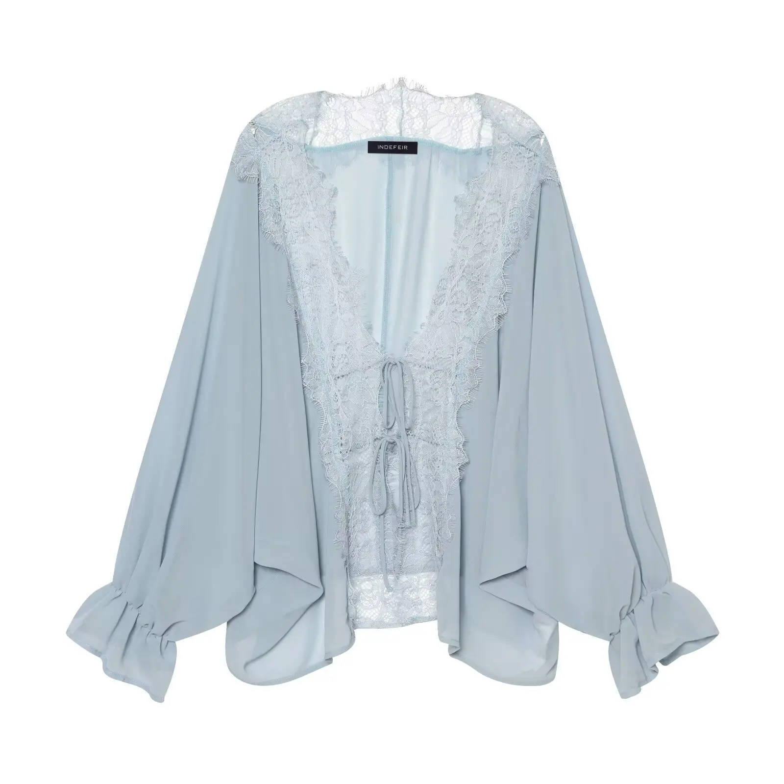 BSAY 2026 Vintage Women Fashion Sheer Blouse Lace Trim V Neck Front Drawstring Flare Sleeve Casual Beach Sunscreen Cover Up Top