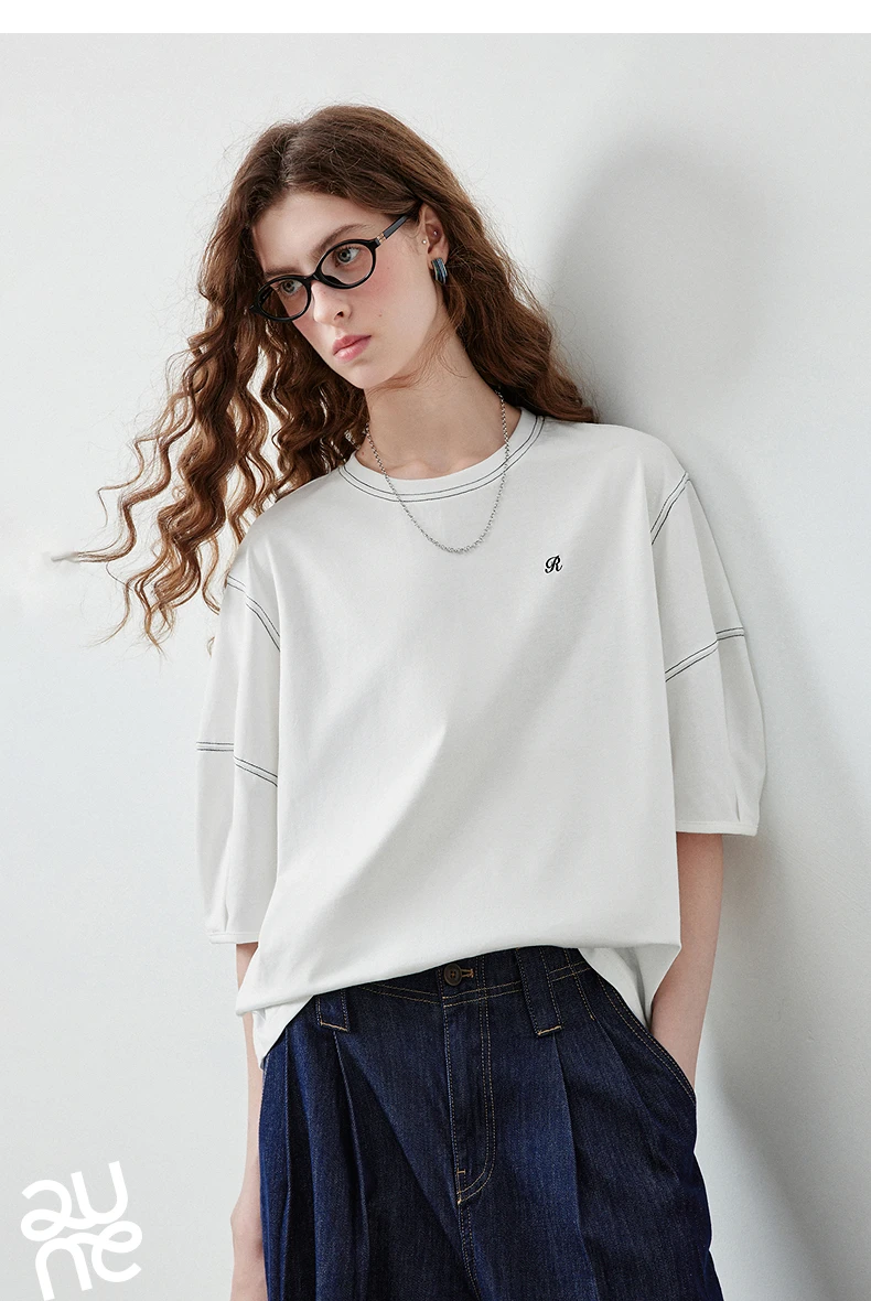TOYOUTH Women's Short Sleeve Tee 2026 Autumn New 100 Percent Cotton Antibacterial Lantern Sleeve Slimming Clean Fit Casual Tops