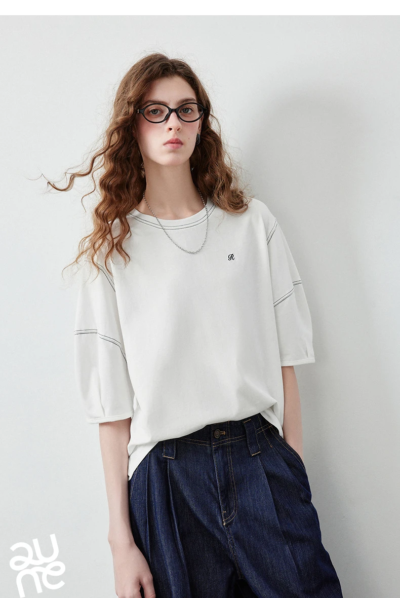 TOYOUTH Women's Short Sleeve Tee 2026 Autumn New 100 Percent Cotton Antibacterial Lantern Sleeve Slimming Clean Fit Casual Tops