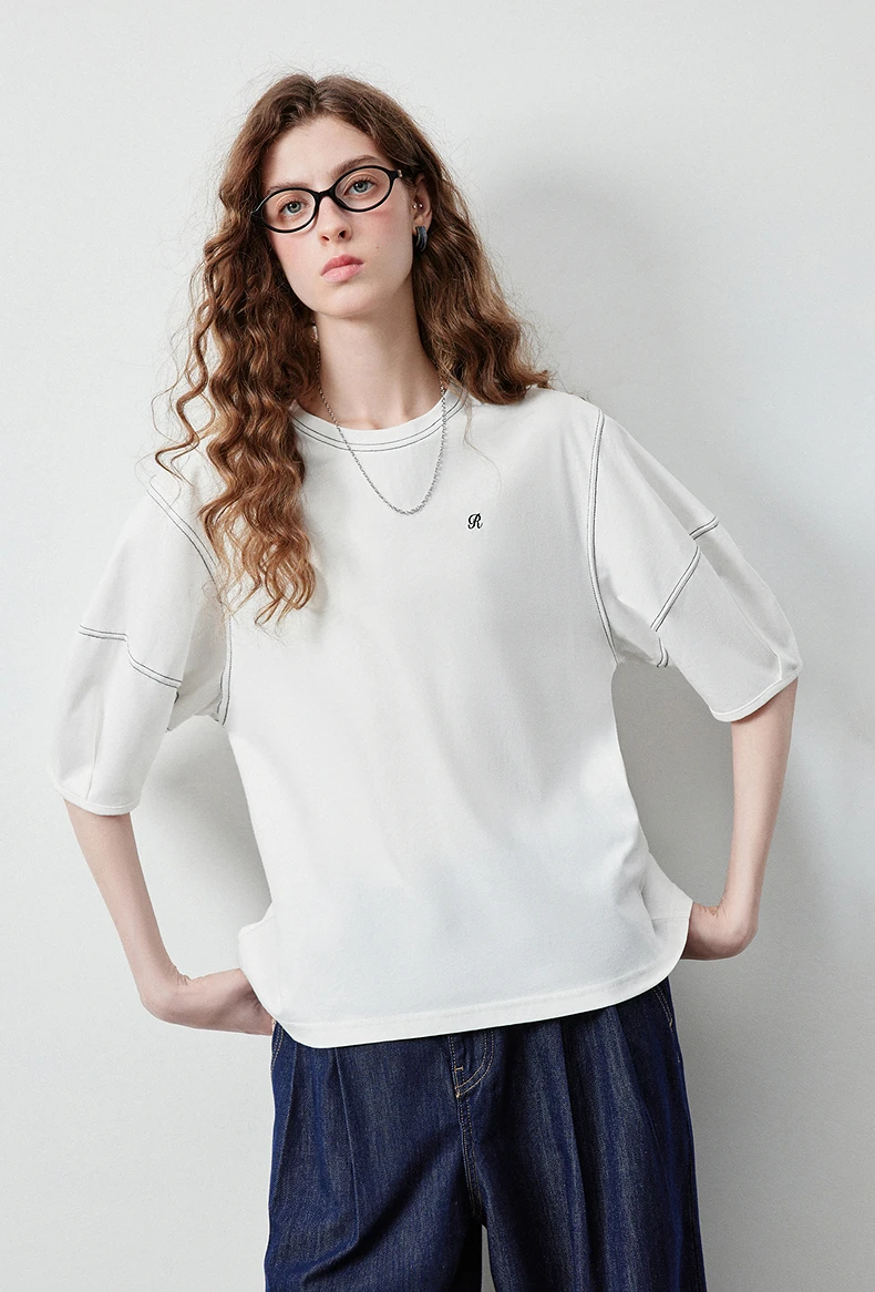 TOYOUTH Women's Short Sleeve Tee 2026 Autumn New 100 Percent Cotton Antibacterial Lantern Sleeve Slimming Clean Fit Casual Tops